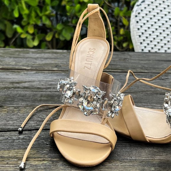 SCHUTZ Crystal Rhinestone Embellished Strappy Heels Nude Tan 6.5 - Picture 3 of 14